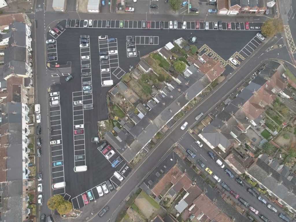A public car park in Taunton the County Town of Somerset, completely resurface of fresh tarmac in late 2018.